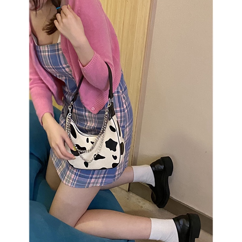 Suhao French niche bag wanita musim panas 2021 baru trendi fashion cow pattern underarm bag all-match ins chain messenger bag