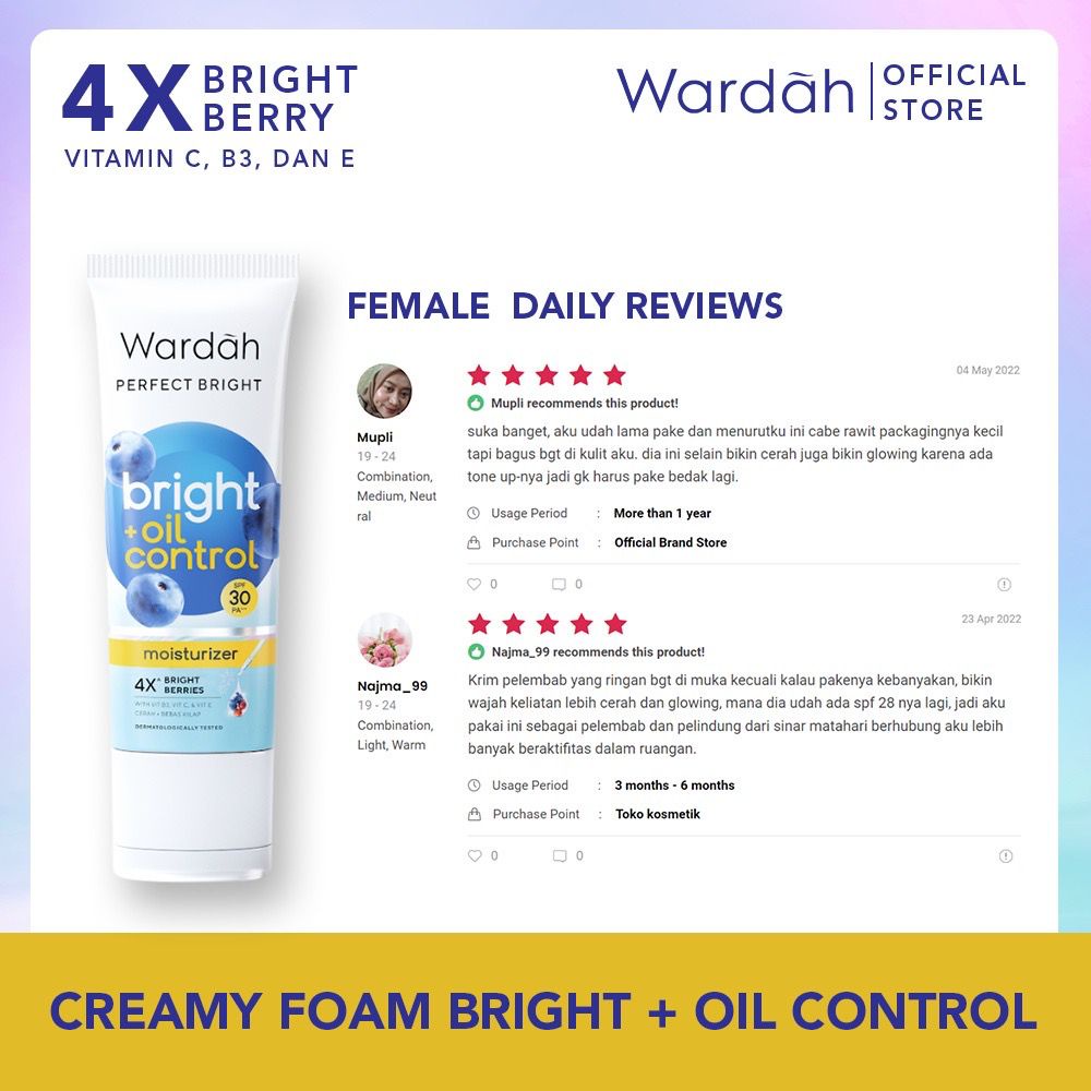 Wardah Perfect Bright Creamy Foam Bright + Oil Control - Sabun Cuci Muka (Face Wash) untuk Kulit Cenderung Berminyak