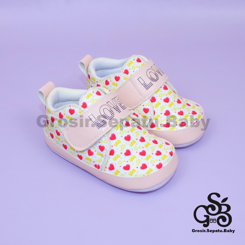 Prewalker - Sepatu Bayi - Baby Shoes | 2-12 bulan | motif LOVE Pink ringan &amp; fleksibel