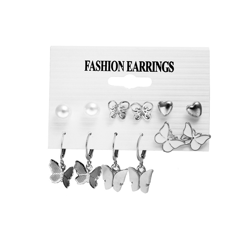 6pcs / set Anting Bentuk Hati Kupu-Kupu Aksen Mutiara Imitasi Warna-Warni Untuk Wanita