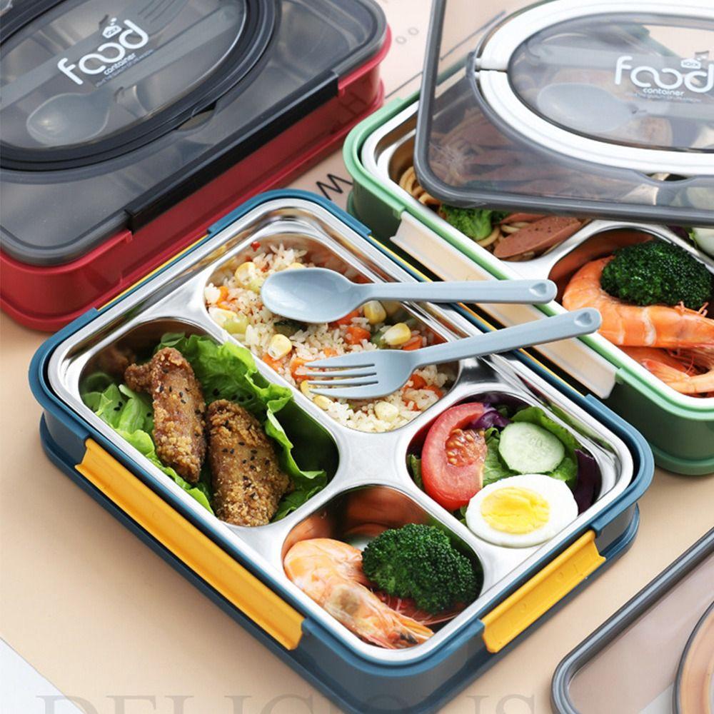 Preva Lunch Box Portable Piknik Camping Persegi Panjang Grid Untuk Anak Dengan Sendok Dengan Pegangan