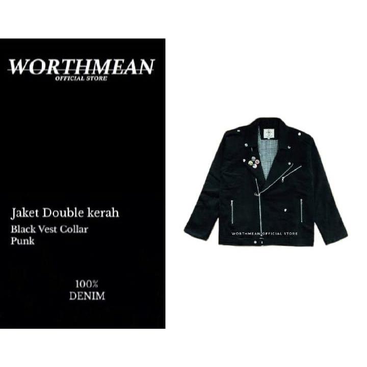 WORTHMEAN JAKET DOUBLE KERAH BLACK VEST COLLAR PUNK DENIM + 4 PIN JAKET PRIA JAKET MOTOR JAKET TOURI