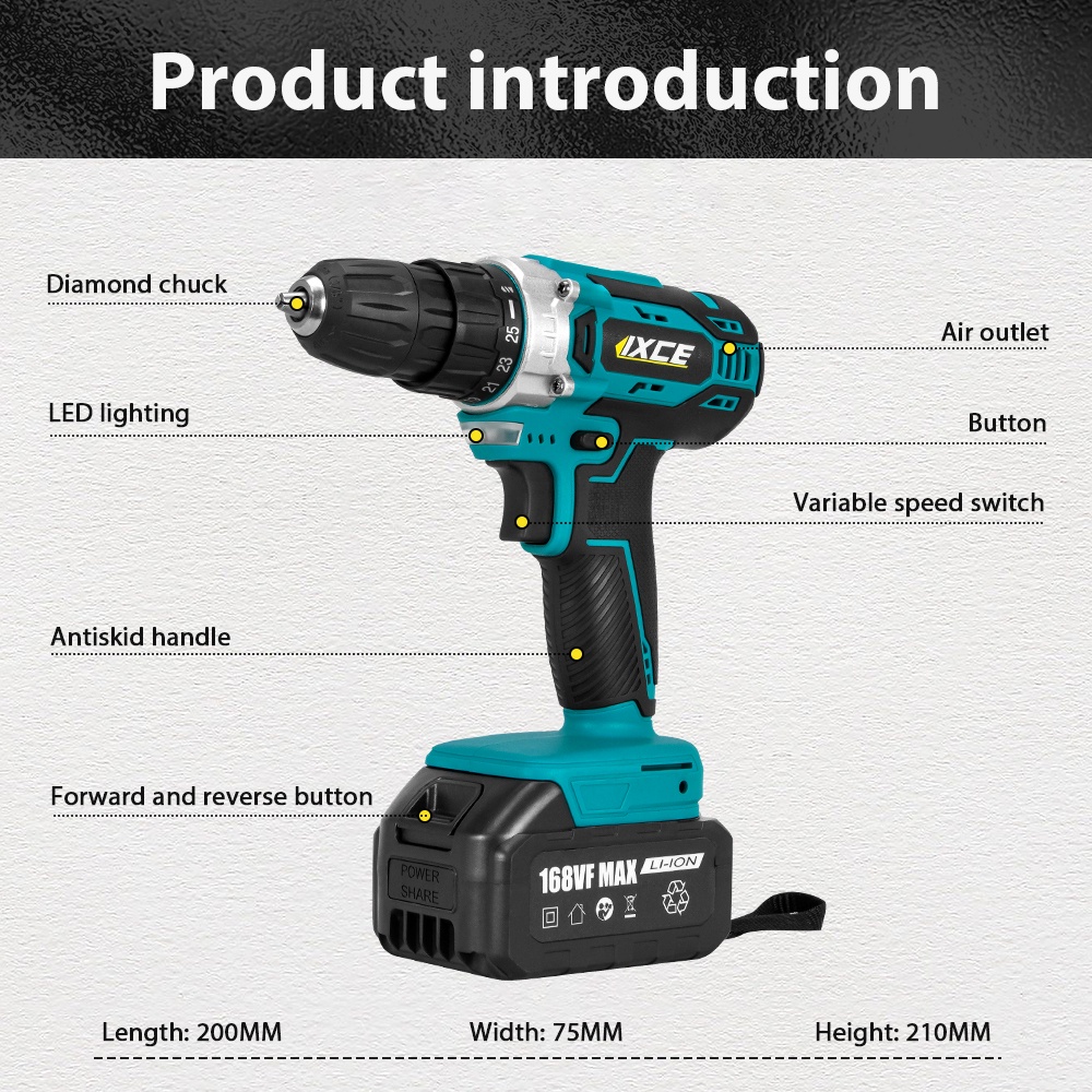 IXCE bor listrik 68VF / 88VF / 168VF Bor cordless Mesin bor Bor Tanpa Kabel  3-Tujuan hingga 2000 rpm 35NM Isi Ulang Harga grosir bisa nego