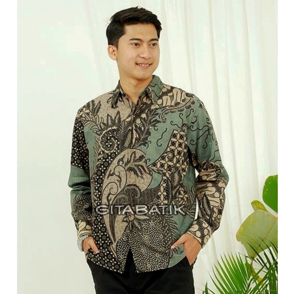 Batik Pria Lengan Panjang BATIK AZMIL HRB026 motif KERATONAN Kode 002 size M L XL XXL Reguler