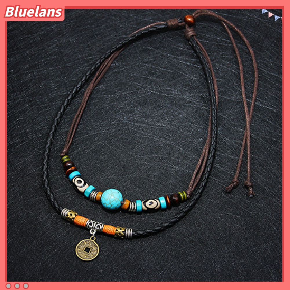 Kalung Choker Multilayer Dengan Liontin Koin Manik-Manik Turquoise Imitasi Untuk Pria