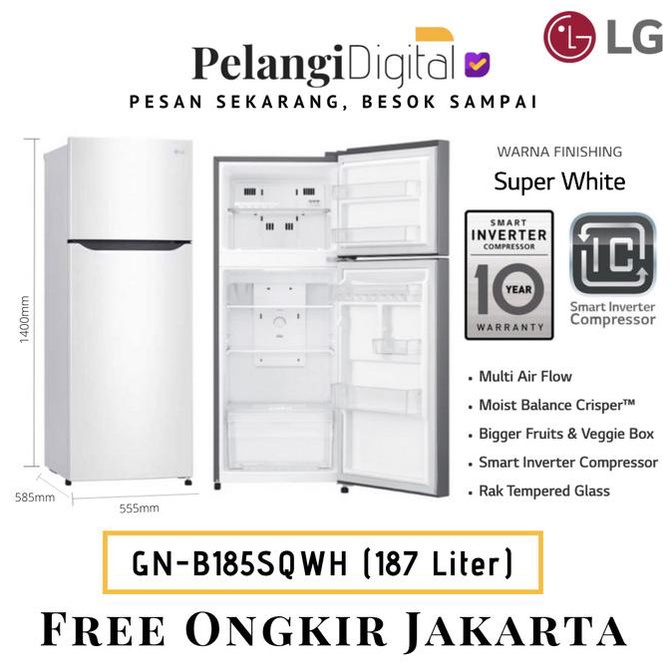 Lg Kulkas 2 Pintu / Lemari Es Smart Inverter Putih - Gn-B185Sqwh