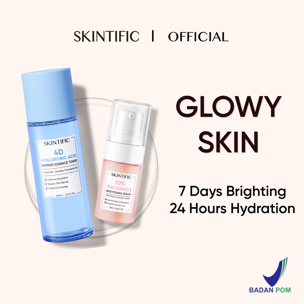 SKINTIFIC- Glowy Skin Set / 4D Hyaluronic Acid (HA)  Barrier Essence Toner &amp; 10% Niacinamide Brightening Serum (Toner Pelembab + Serum Mencerahkan)【BPOM】