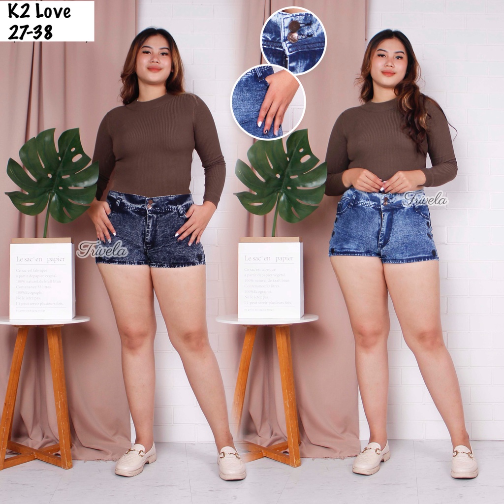 CELANA PENDEK LOVE SUPER JUMBO 27-38 / LOVE HOTPANTS PLUS SIZE / CELANA PENDEK JEANS BIG SIZE