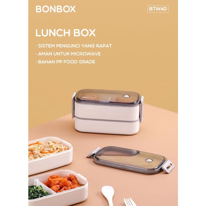 Bonbox Kotak Makan 2 Tingkat Lunch Box Susun Microwaveable Food Grade Material Plastik Dengan Alat Makan BTW40