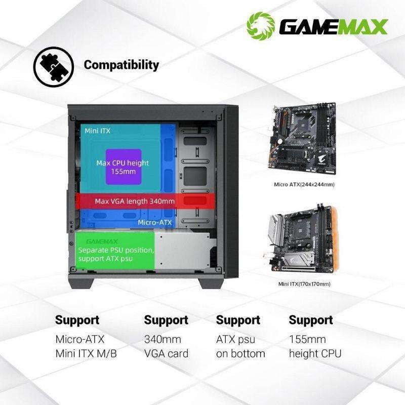 GameMax Aero Mini PC Casing Gaming + 3 Fan RGB Tempered Glass