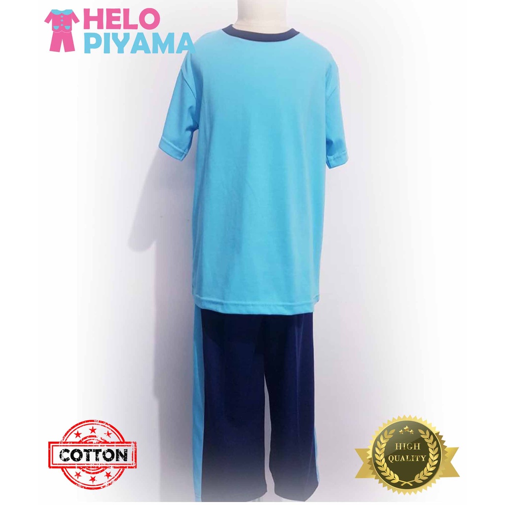 Helo Piyama - Baju Tidur Stelan Kaos Anak Cowok Biru Langit Polos