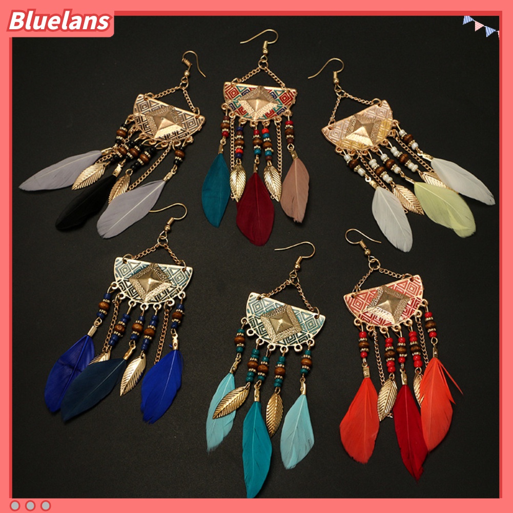 Anting Kait Bentuk Kipas Aksen Manik-Manik Rumbai Bulu Gaya Bohemian Untuk Wanita