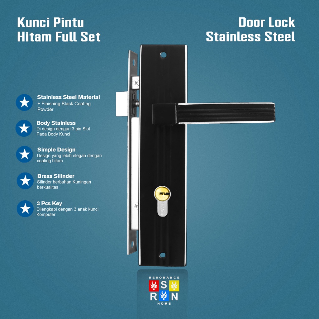 Kunci Pintu Tanggung Hitam Gagang Kotak Garis / Door Lock Full set Resonance Home