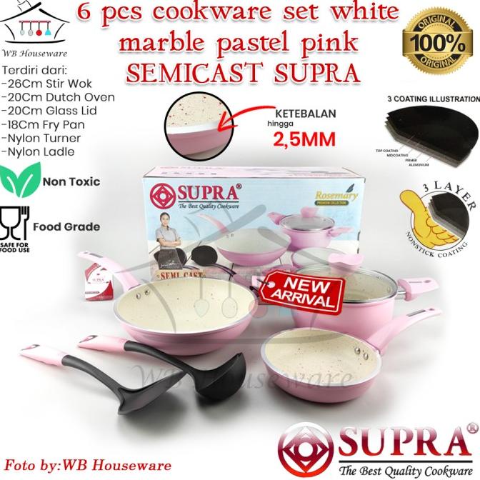TERBARU panci set supra anti lengket 6pcs semicast white marble pastel PINK /PERALATAN MASAK SET/PAN