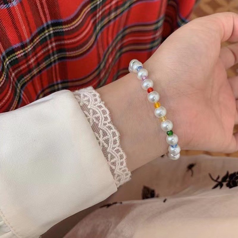 Ins Gelang Tangan Elastis Aksen Bunga / Mutiara / Kristal Imitasi Warna-Warni Ala Korea Untuk Wanita