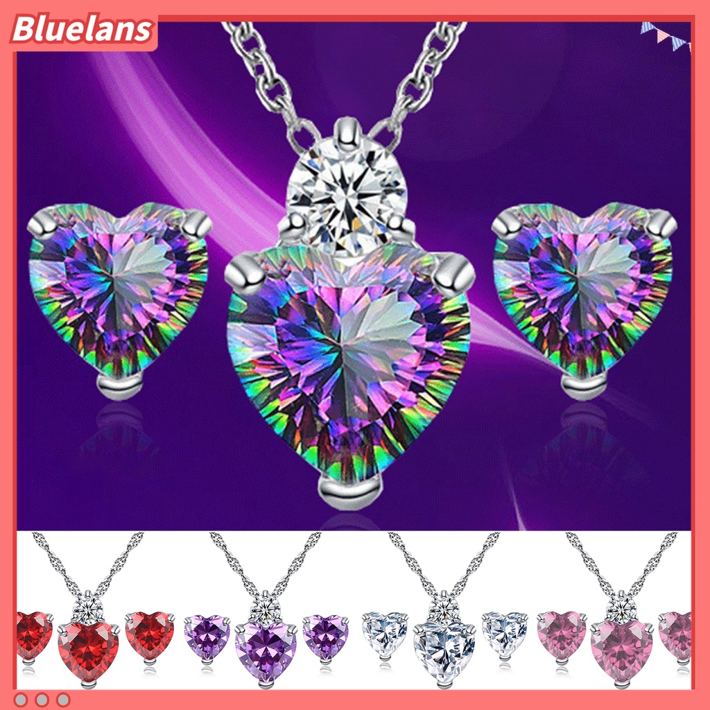 1 Set Perhiasan Kalung Anting Liontin Hati Aksen Berlian Imitasi Berkilau Tahan Lama Untuk Pernikahan
