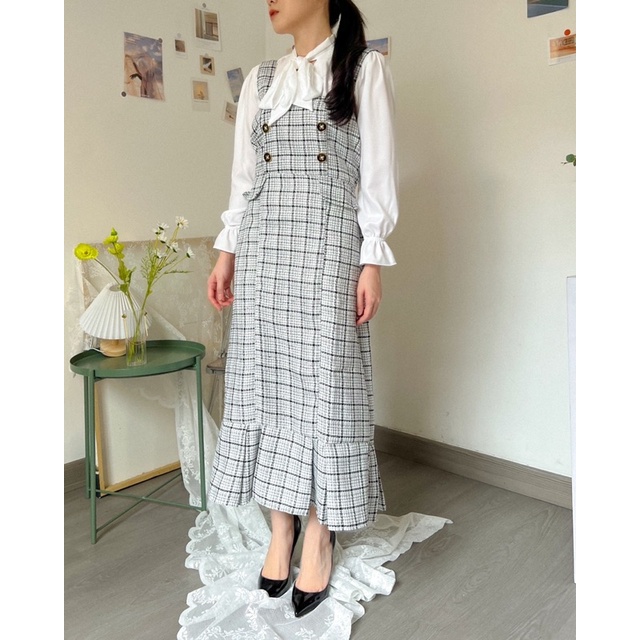 KANON - Hikari Tweed Set - Set kantor / kuliah bahan tweed maxi dress dan kemeja wanita hijab friendly