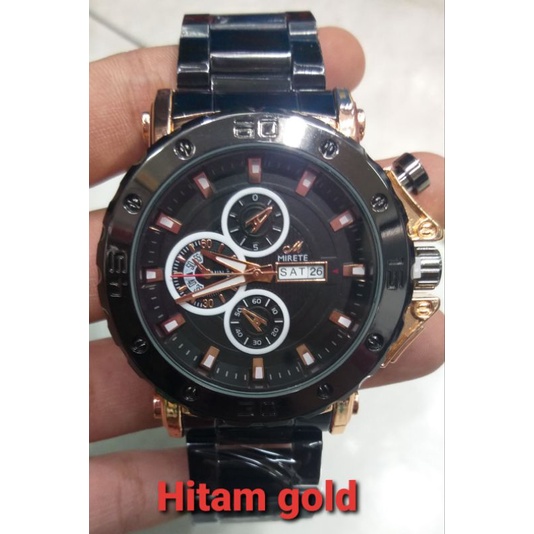 jam tangan  mirete cowok tgl hari hitam rose gold