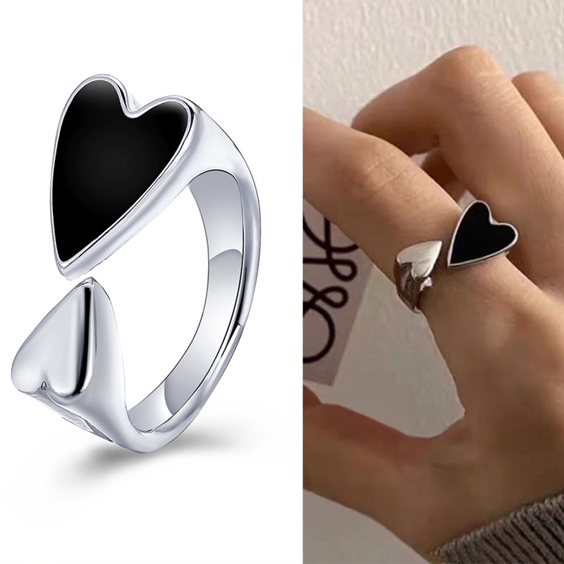 Fancyqube Cincin Model Terbuka Adjustable Bentuk Hati Warna Hitam Untuk Wanita