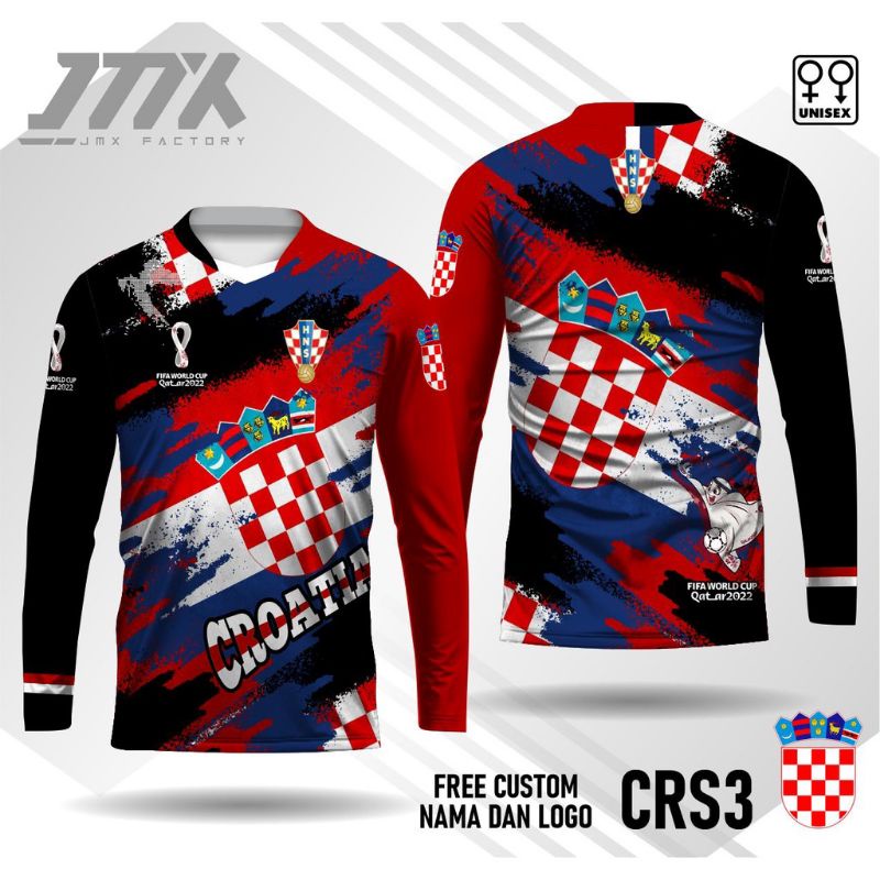 T-Shirt Jersey Kroasia Piala Dunia Qatar 2022/ Kaos Piala Dunia 2022 Lengan Panjang Free Custom