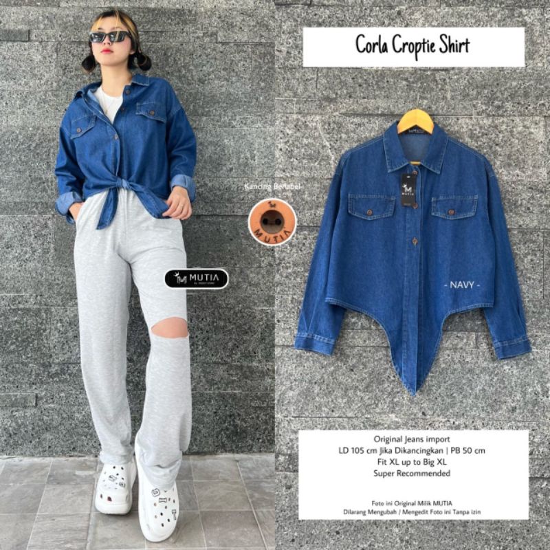 CORLA CROPTIE SHIRT BY MUTIA / BLOUSE WANITA MUSLIMAH / Blouse jeans atasan wanita kekinian