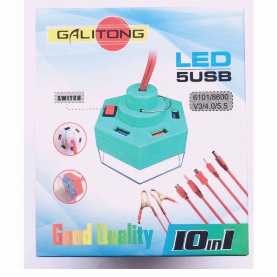 Charger Aki 6 in 1 5 USB + Bohlam ON OFF Charger HP 6in1 5USB