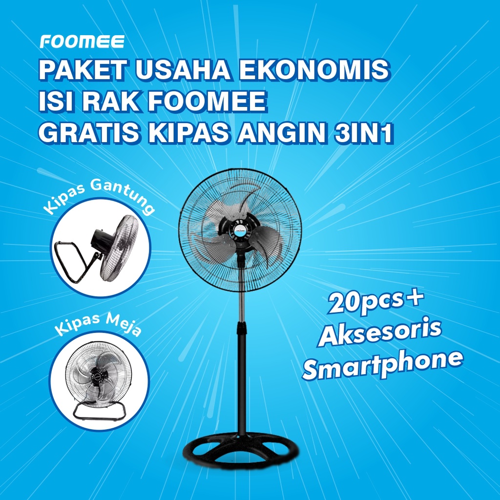 Foomee Paket Usaha Ekonomis Isi Rak Aksesoris Smartphone 20pcs Gratis Kipas Angin 3in1