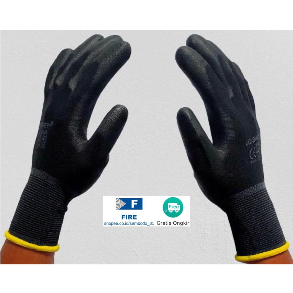 Sarung Tangan Bengkel otomotif Bagunan Coating Karet Pengaman kerja Packing PU Statis Multitask Karet Palm Fit Ukuran S,M, L, XL Proyek Satpam Anti Slip Hitam Black Hand Gloves