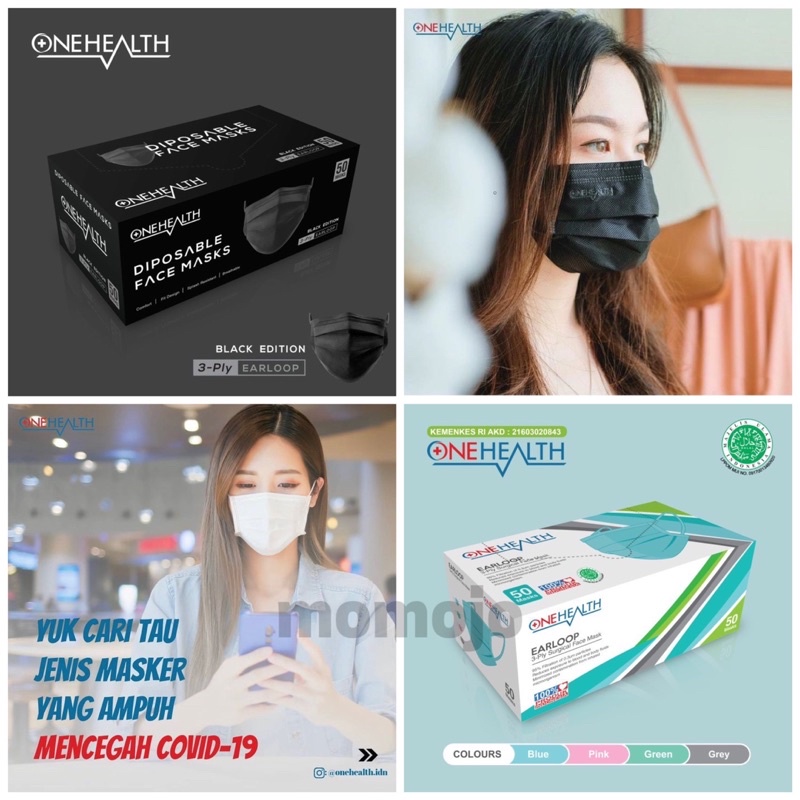 ONEHEALTH Masker Earloop Warna | Hitam Black Edition Disposable Face Mask 3 Ply