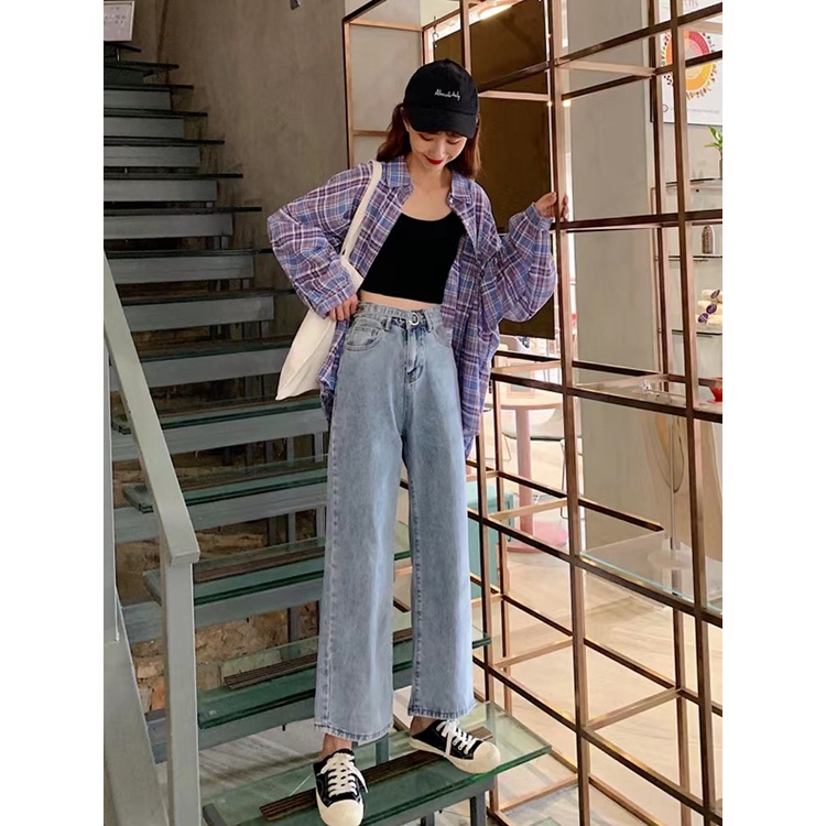 Mode Lurus Tinggi Perempuan Korea Pinggang longgar lebar Leg Jeans