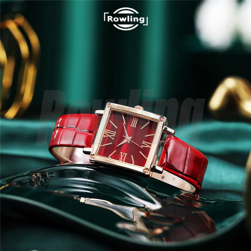 Rowling (Jam-60) Jam Tangan Wanita Kotak  Jam Tangan Wanita Quartz dengan Strap kulit Sintetis Import TANPA ACCESORIS