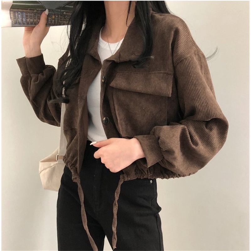 [3 color]Korean Style Jaket Korduroi Wanita Vintage Oversize Lengan Panjang Warna Solid Atasan Kekinian Corduroy Crop Kasual Jaket