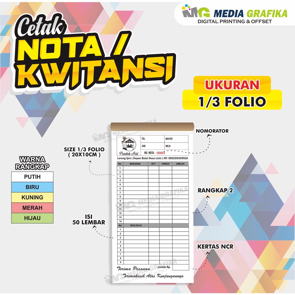 

NOTA 1 RIM, 2 RANGKAP, Porporasi, Nomorator, Ukuran 1/3 Folio