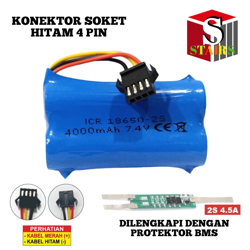 Baterai Mainan Anak/ RC / Speaker &amp; Elektronik Lainnya 2X 18650 4000mAh 7.4V Protektor BMS 2S 4.5A Soket Hitam 4 PIN