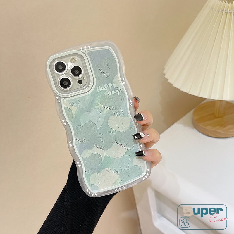 Fashion Cute Green Love Heart Flowers Case Compatible For IPhone 11 14 12 13 Pro Max 7Plus 6 6s 7 8 Plus XR X XS MAX SE 2020 Shockproof Wavy Edge Frame Soft TPU Anti-fall Cover