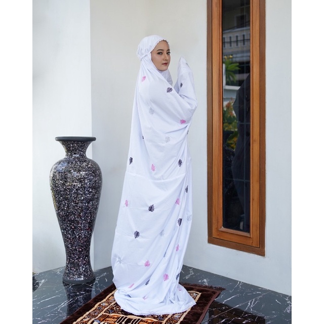 Mukena Lajuran Terusan Dewasa Jumbo Rayon Remaja Bordir Putih