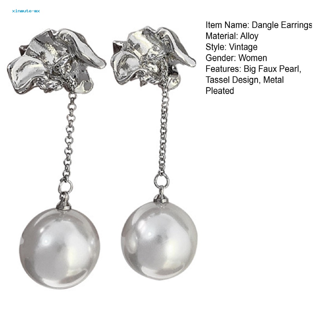 1 Pasang Anting Stud Liontin Mutiara Imitasi Besar Bahan Logam Gaya Vintage