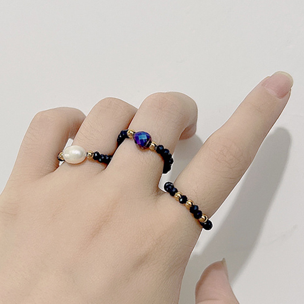 Cincin Elastis Handmade Hias Manik-Manik Mutiara Imitasi Warna Hitam Untuk Wanita