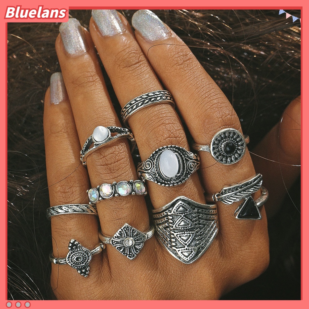 Bluelans 10Pcs Boho Women Retro Sun Feather Arrow Carved Knuckle Midi Stacking Rings