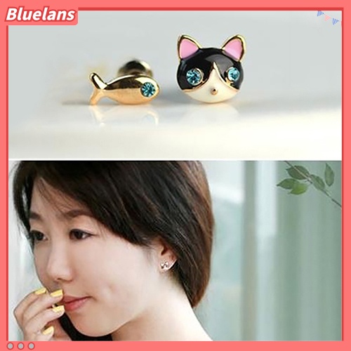 Bluelans 1 Pasang Anting Stud Desain Kucing Ikan Aksen Berlian Imitasi Gaya Korea Untuk Wanita