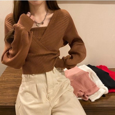 Super66 Atasan Wanita Knitted Crop/ Atasan Wanita Korean Style/ Atasan Wanita Crop Lengan Panjang