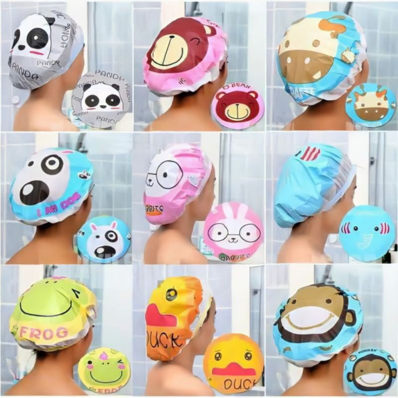 TOPI MANDI KARAKTER WATERPROOF / SHOWER CAP KARAKTER KARTUN / TOPI MANDI DEWASA ANAK / PERLENGKAPAN KAMAR MANDI