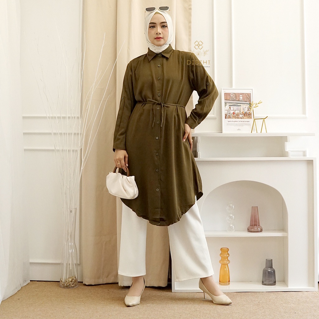 Baju Kemeja Long Tunik Muslim Putih Polos Lengan Panjang Wanita Bahan Import Rayon Premium