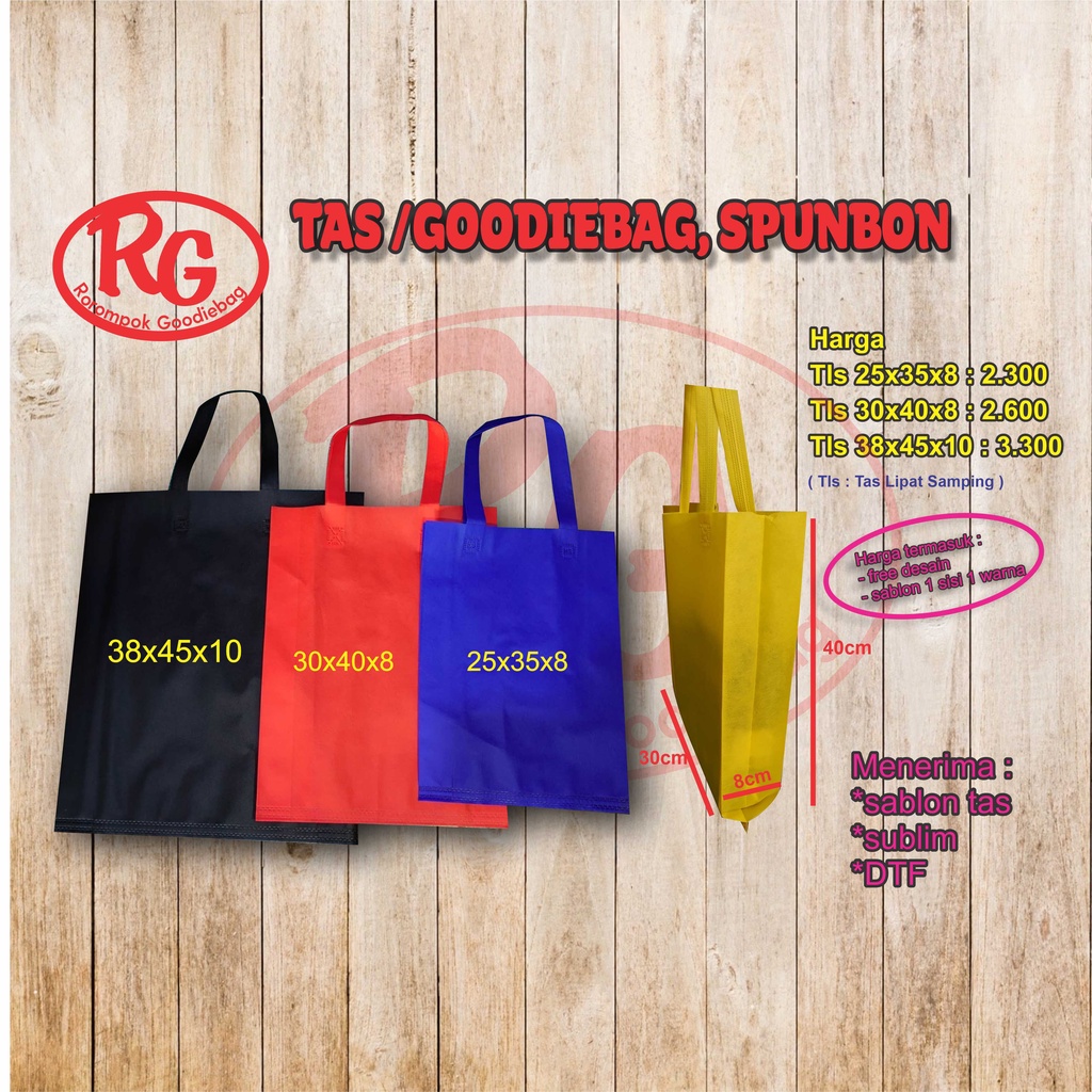 

tas, Goodiebag spunbon, tas lipat samping 25x35x8 sablon 1 warna 1 sisi