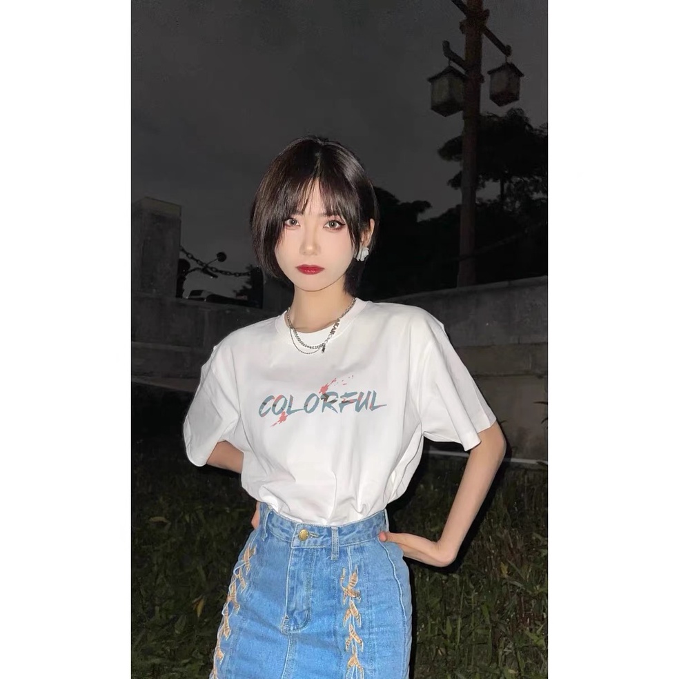 EUNII T-shirt Lengan Pendek Bunga Sakura Lanskap Pencetakan Longgar Korean Style/Kaos Atasan Wanita/Baju Kaus Oversize Wanita