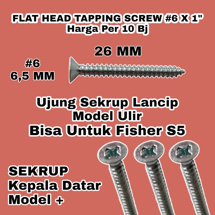 (#6 x 1&quot;)10 Bj Sekrup Skrup Tapping Screw Flat Head FH Kayu + 2,5 CM