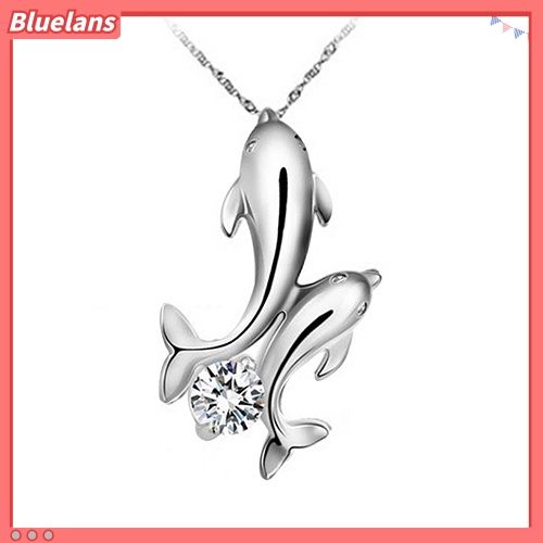 Bluelans Kalung Rantai Lapis Silver Dengan Liontin Lumba-Lumba Ganda Untuk Wanita