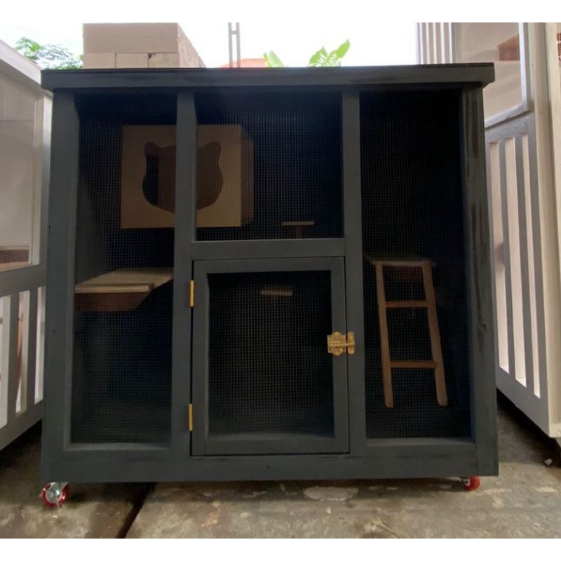 Kandang rumah kucing bahan kayu custom warna hitam elegan
