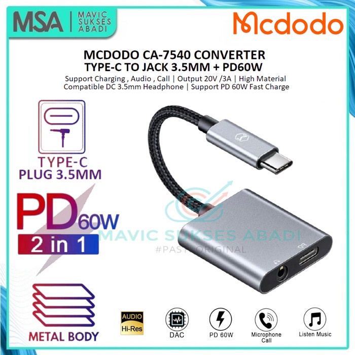 Mcdodo Converter Ca-7540 Type C To Jack 3.5Mm Charging + Audio + Call
