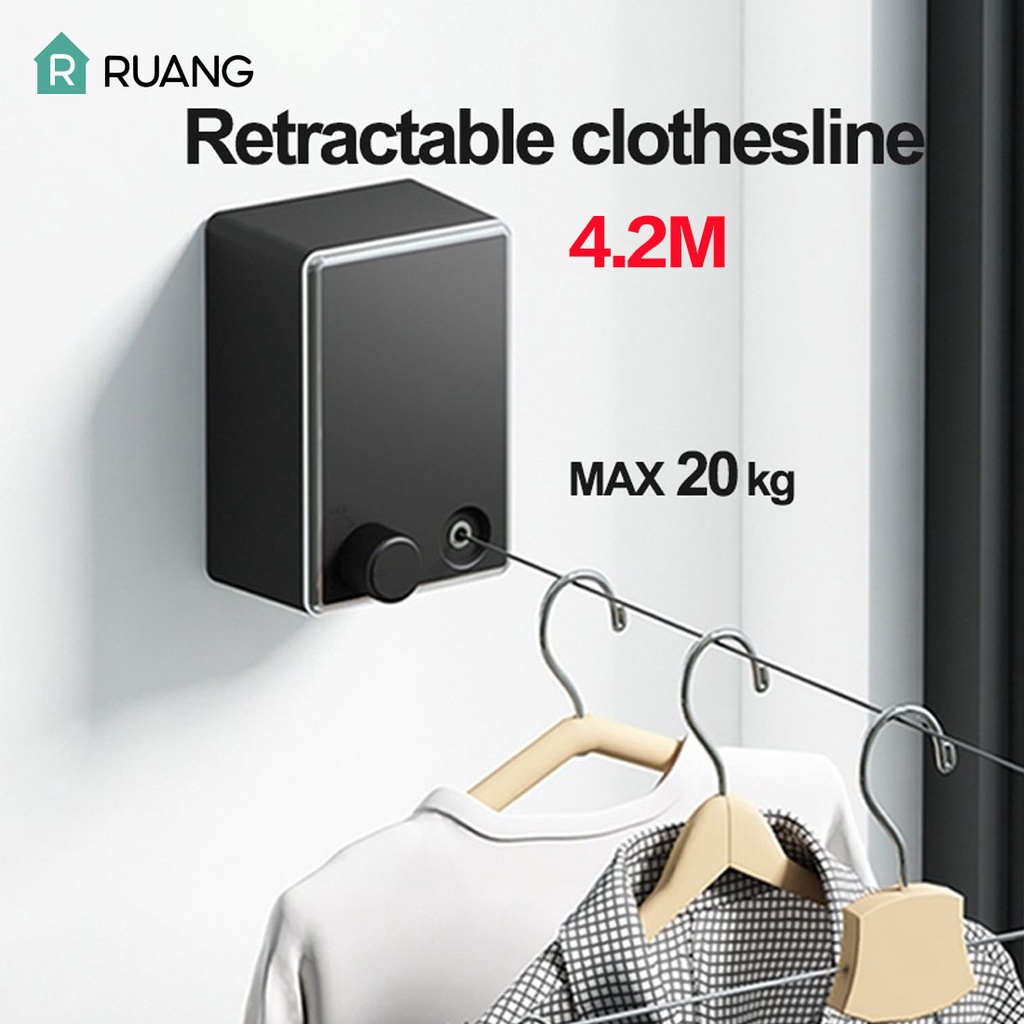 20KG 4.2M Jemuran Baju Portable Indoor Outdoor Retractable Tali Clothesline Bahan Stainless Hitam